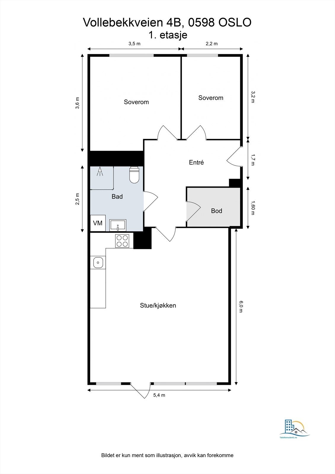 Planløsning. Leiligheten disponerer en garasjeplass og en kjellerbod på 5 m². Galleribilde