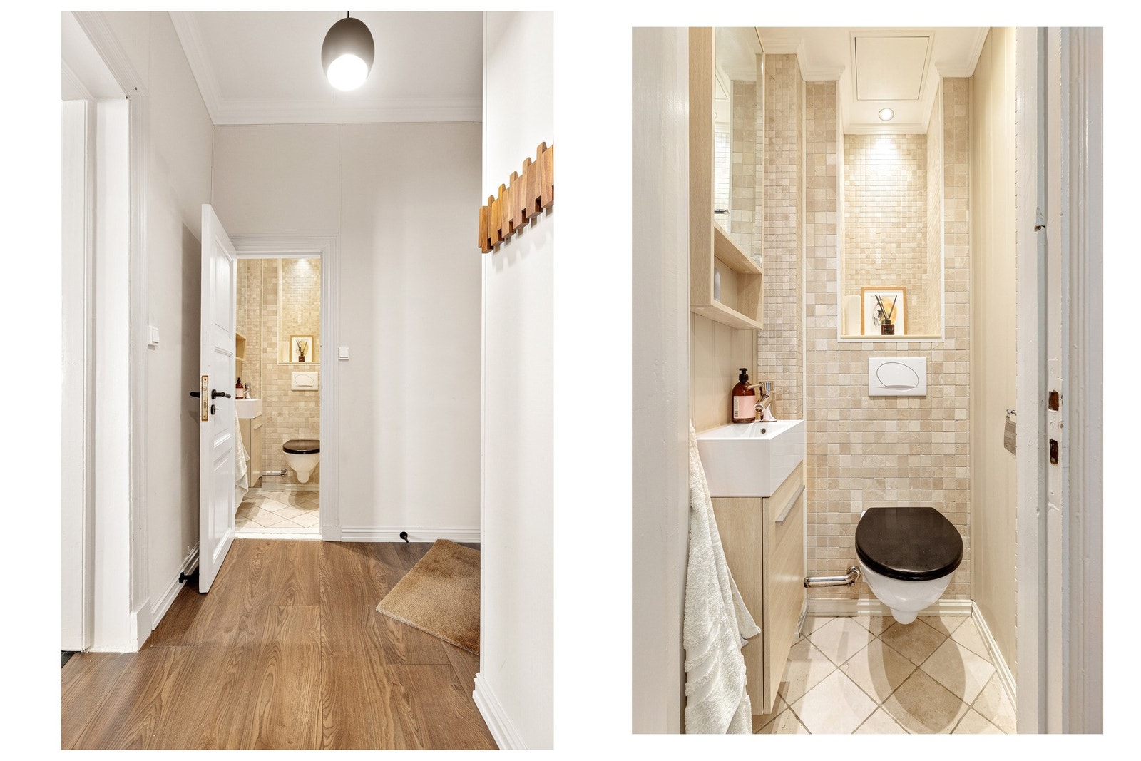 Separat WC modernisert ca. 2013. Vegghengt toalett, servantskap
med oppbevaring og vegghengt speilskap. Flislagt gulv, flis og
smartpanel på vegg, samt malt himling. Galleribilde