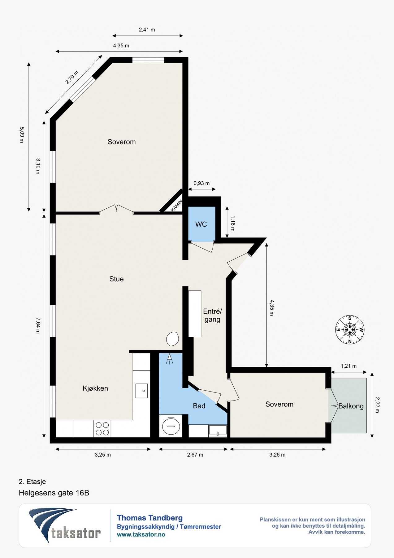 Plantegning utarbeidet av takstmann. I tillegg disponerer leiligheten en loftsbod. Galleribilde