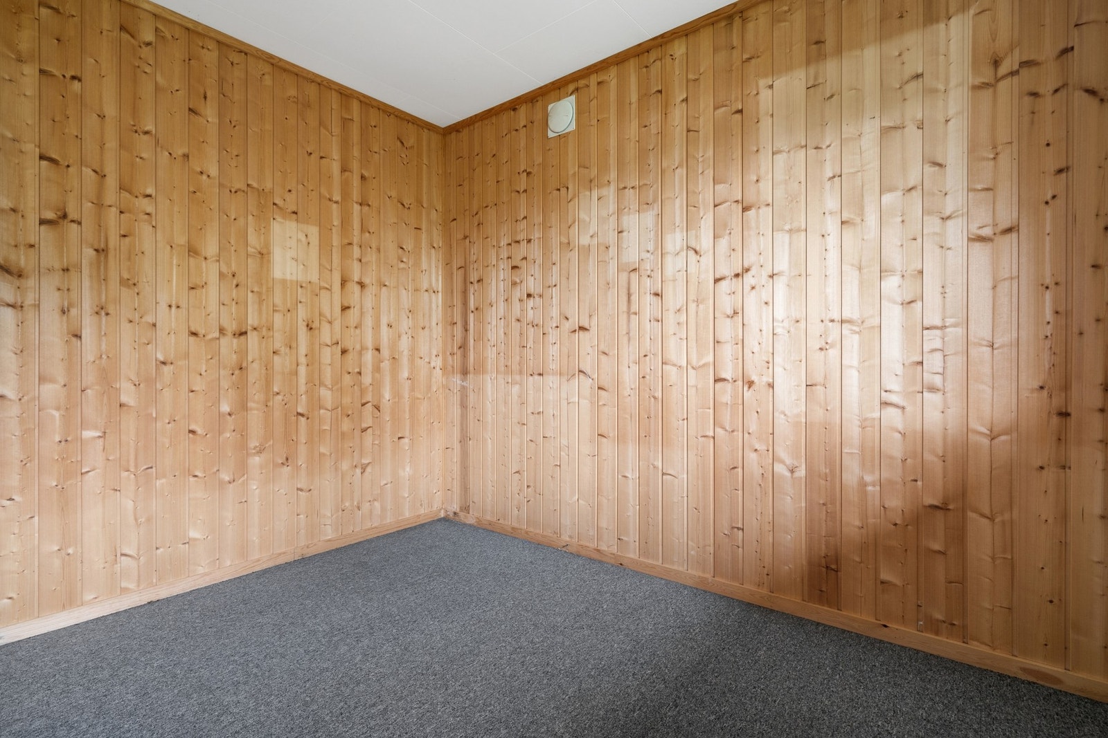Rommet har panel på veggene og teppegulv Galleribilde
