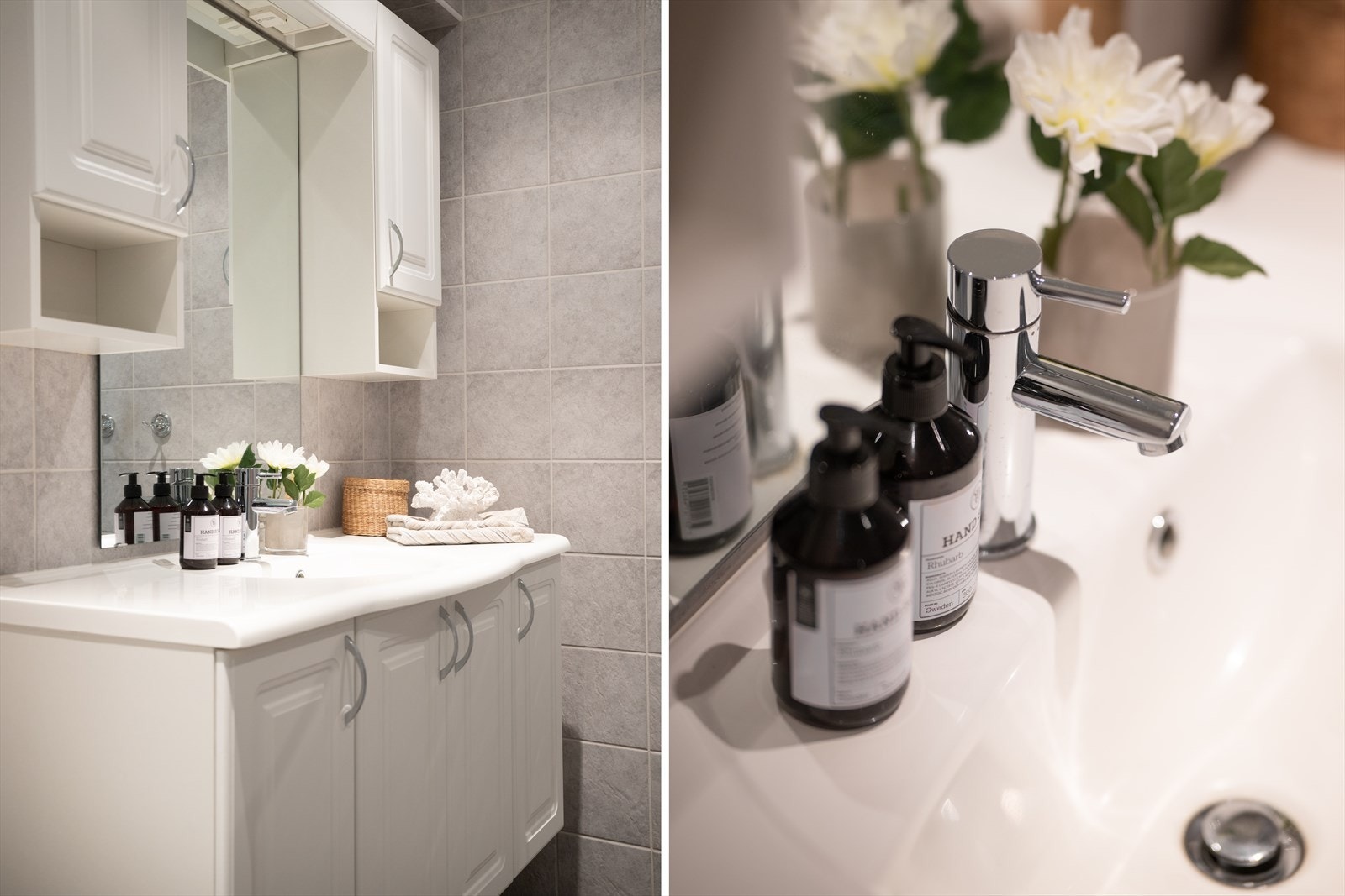 Badet er utstyrt med dusj med innfellbare glassdører, gulvstående toalett og servant med tilhørende baderomsinnredning. Galleribilde
