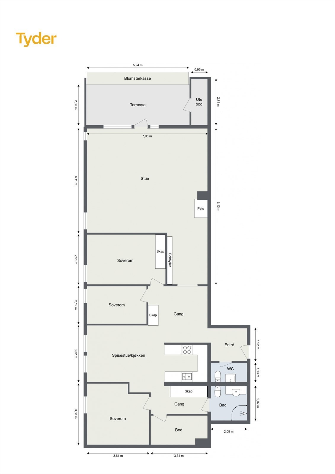 Oppmålt plantegning for leiligheten. Galleribilde