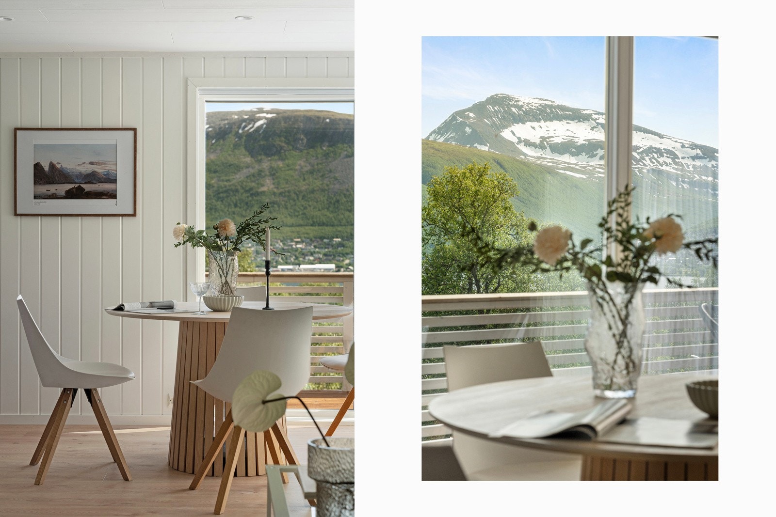 Fra spisebordet kan du nyte flott utsikt mot Tromsdalstinden, Fløya og Tromsdalen.