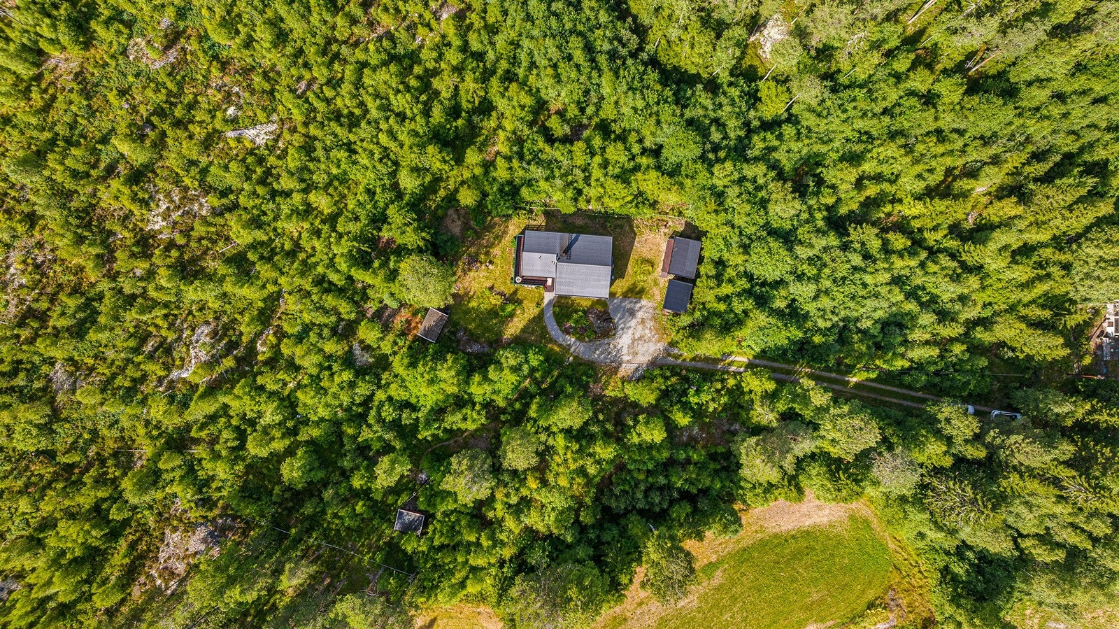 Dronebilde av tunet. Innerst i blindvei og omgitt av skog og natur Galleribilde