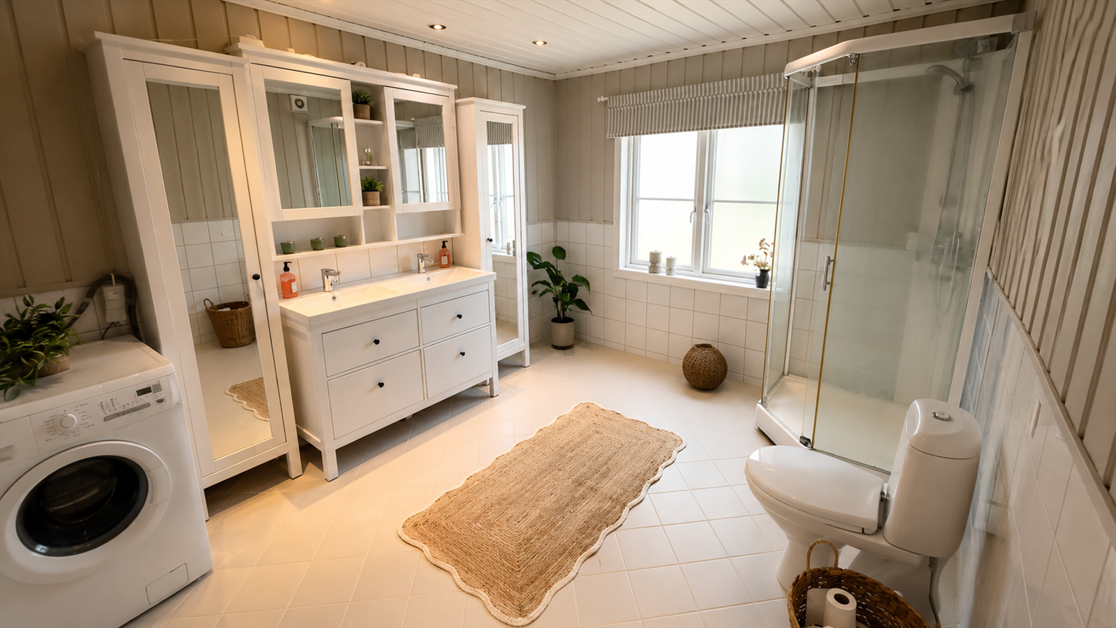 Badet i første etasje har baderomsinnredning med glatte fronter, speilfelt på fronter på veggskap og skap over servant. To servanter i helstøpt plate, gulvstående klosett, dusjkabinett og opplegg for vaskemaskin. Galleribilde
