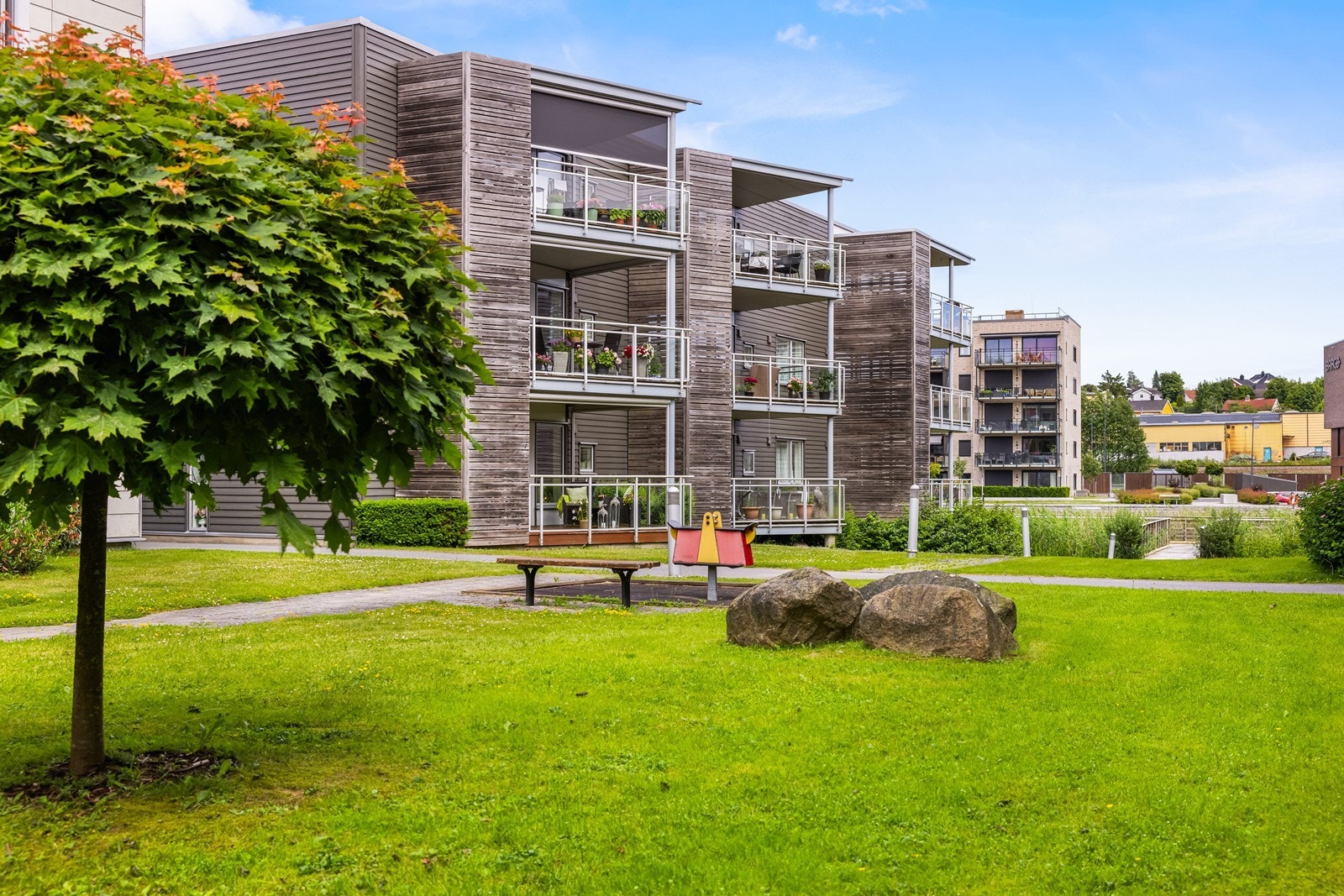 Velholdte fellesarealer med gressplen, beplantning og sittebenker. Galleribilde