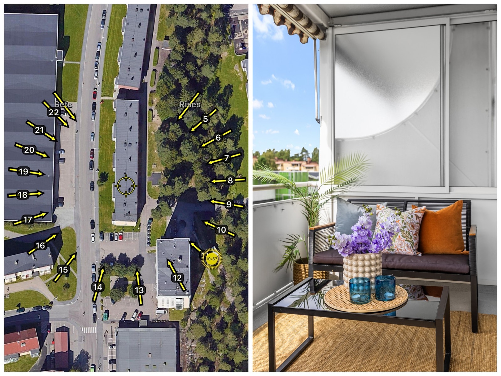 Solkart som viser solgangen i juni/juli. Balkongen har lettstelt dekke i betong, tett rekkverk, utebelysning og overbygg med markise. Galleribilde