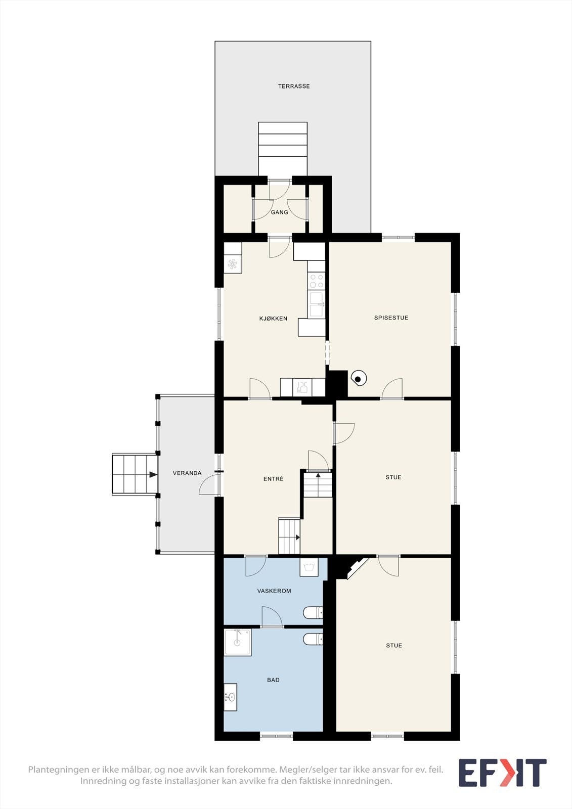 Første etasje i Våningshus 2 inneholder stue, spisestue, kjøkken, soverom, bad og vaskerom. Galleribilde