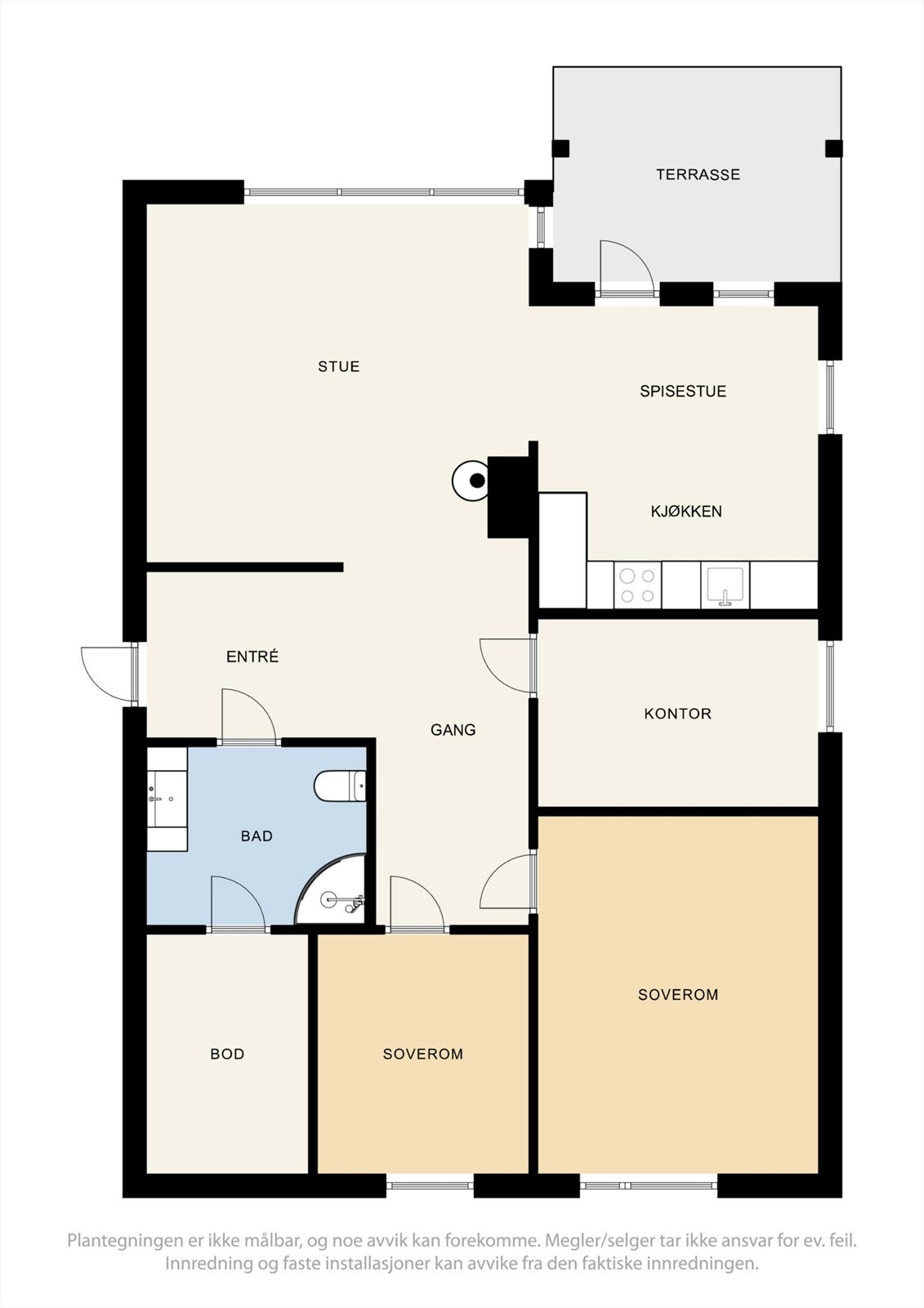 Planløsningen på 95 m² er arealeffektiv med tre soverom, bad og en åpen stue- og kjøkkenløsning med utgang til balkong. Galleribilde