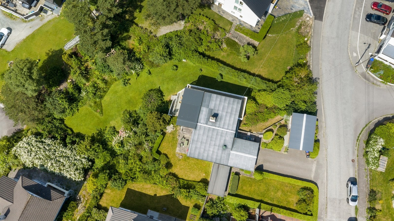 Eiendommen sett fra fugleperspektiv. Det gjøres oppmerksom på at tomteareal og eiendomsgrenser er usikre da tomten ikke er oppmålt. Galleribilde