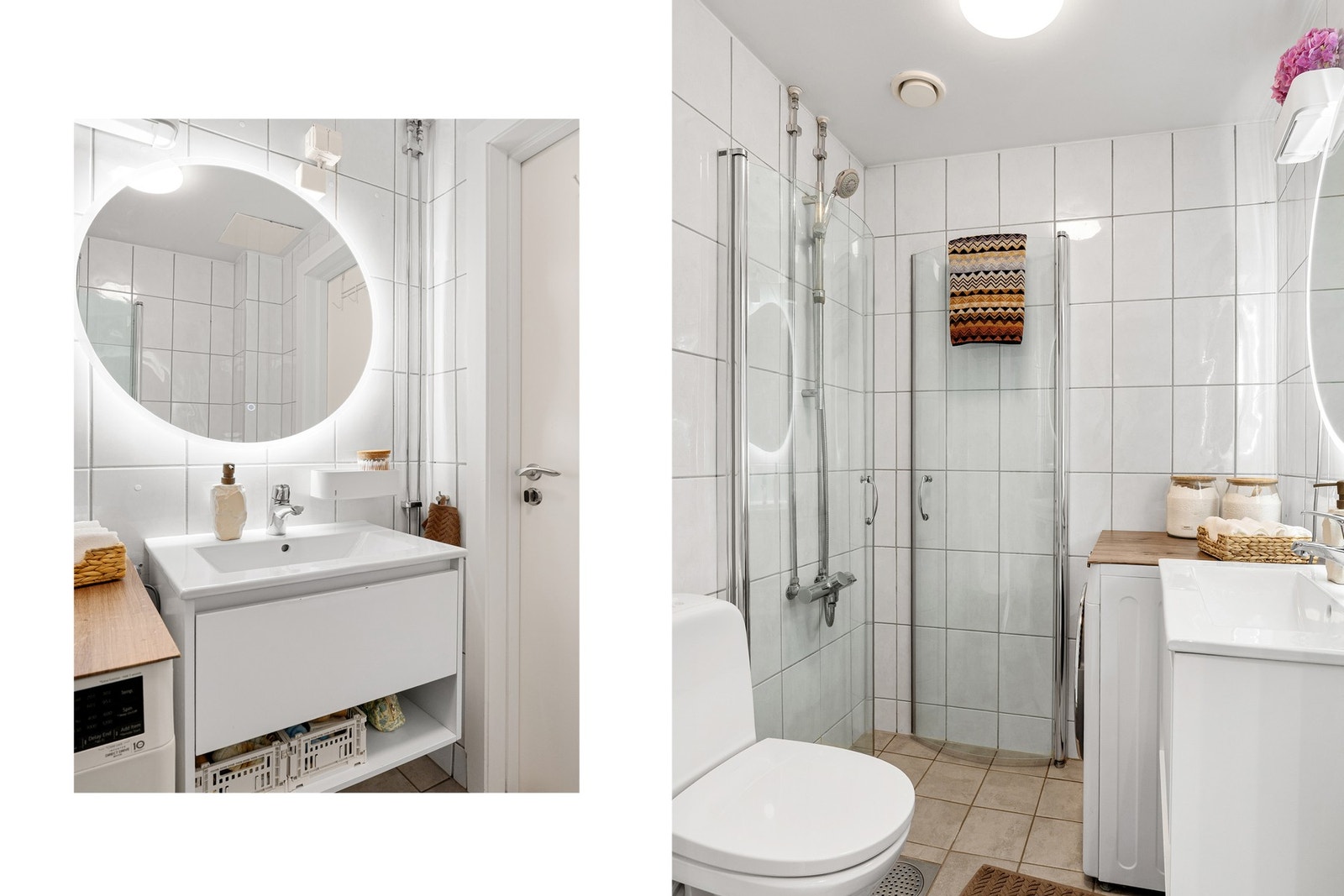 Badet er innredet med lyse fliser og varmekabler i gulvet. Inneholder servant med underskap, speil og belysning, toalett og dusjhjørne med svingdører i glass. Opplegg for vaskemaskin. Galleribilde