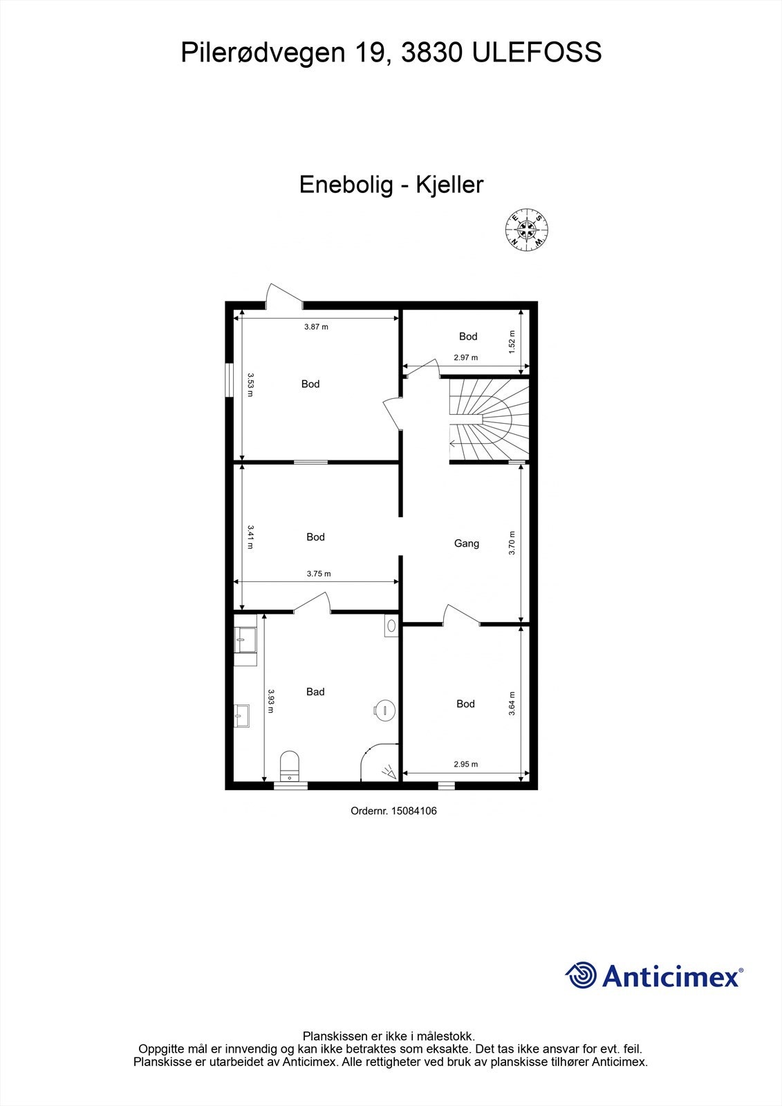 Plantegning - Kjeller. Rom på plantegning er definert etter dagens faktiske bruk, uavhengig av hva som er godkjent av bygningsmyndighetene. Galleribilde