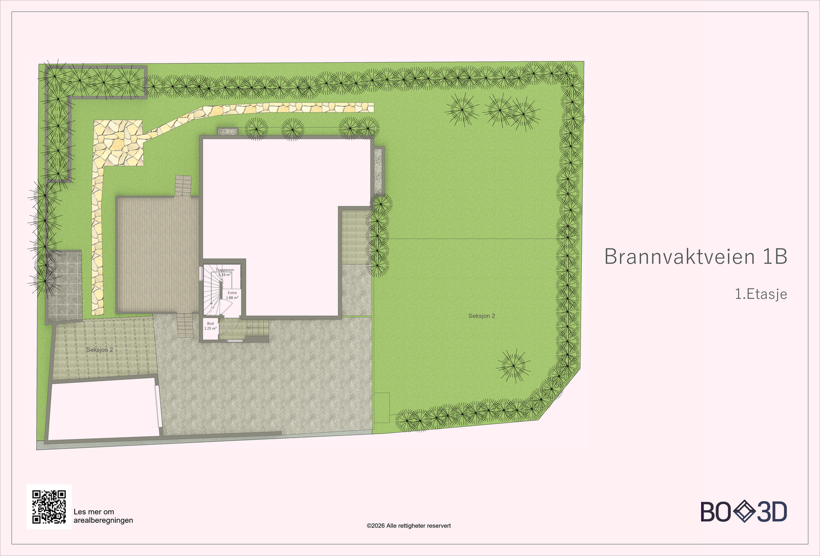 Plantegning av utearealer, carport og inngangsparti.
Dette er seksjon 2. Galleribilde