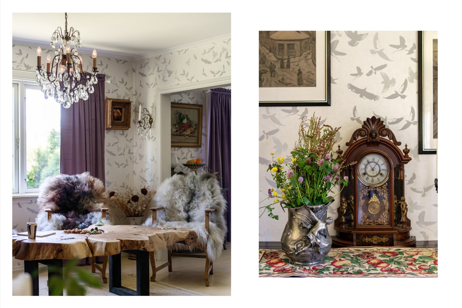 Veggene er kledd med en romantisk tapet, og et lyst 1-stavs parkettgulv bidrar til en flytende overgang mellom rommene. Galleribilde