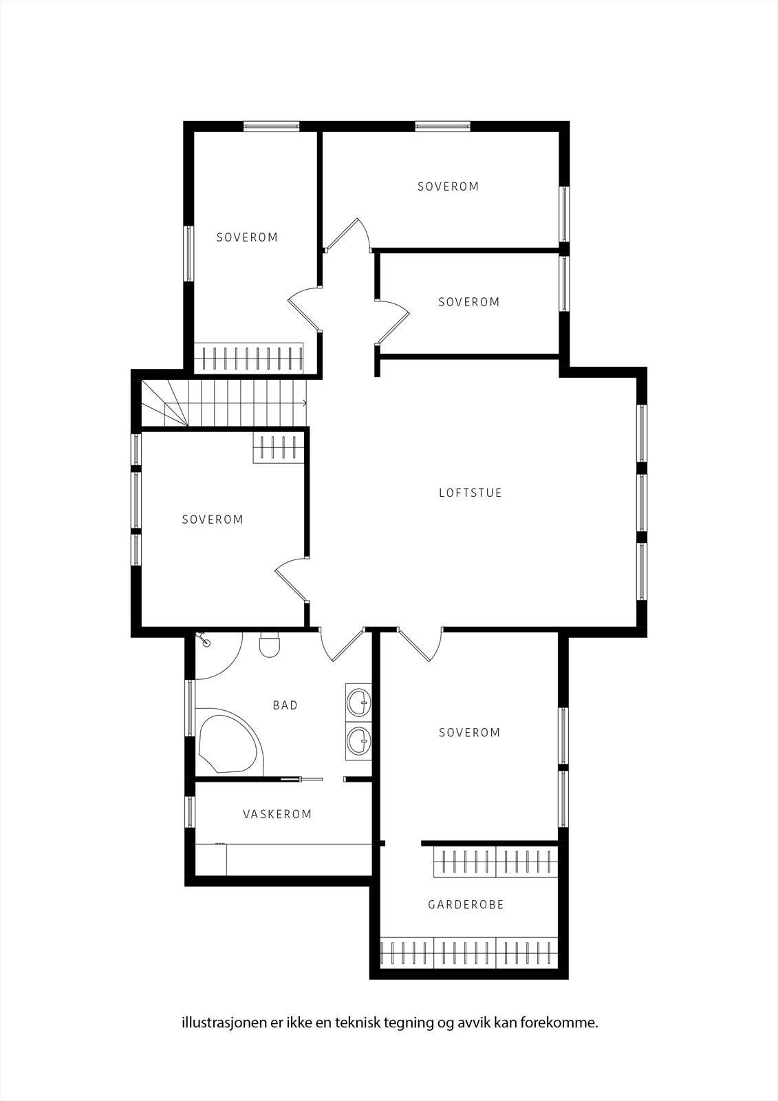 Andre etasje inneholder loftstue, fem soverom, bad og separat vaskerom. Galleribilde
