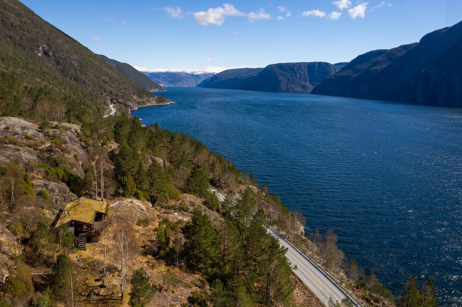 Naturskjønne omgivelser med vakker utsikt over skog, fjord og fjell. Galleribilde