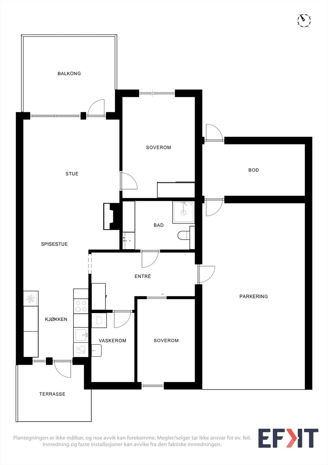 Boligen har en arealeffektiv planløsning på ett plan, med to soverom og to uteplasser. Galleribilde