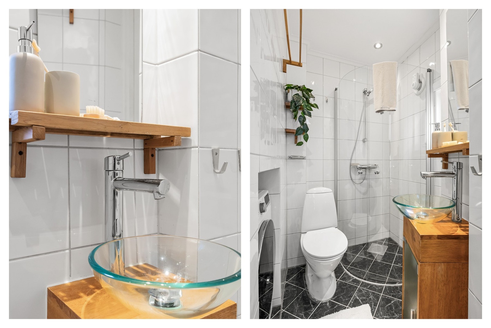 Badet er fra 2006 med flislagte vegger og gulv Galleribilde