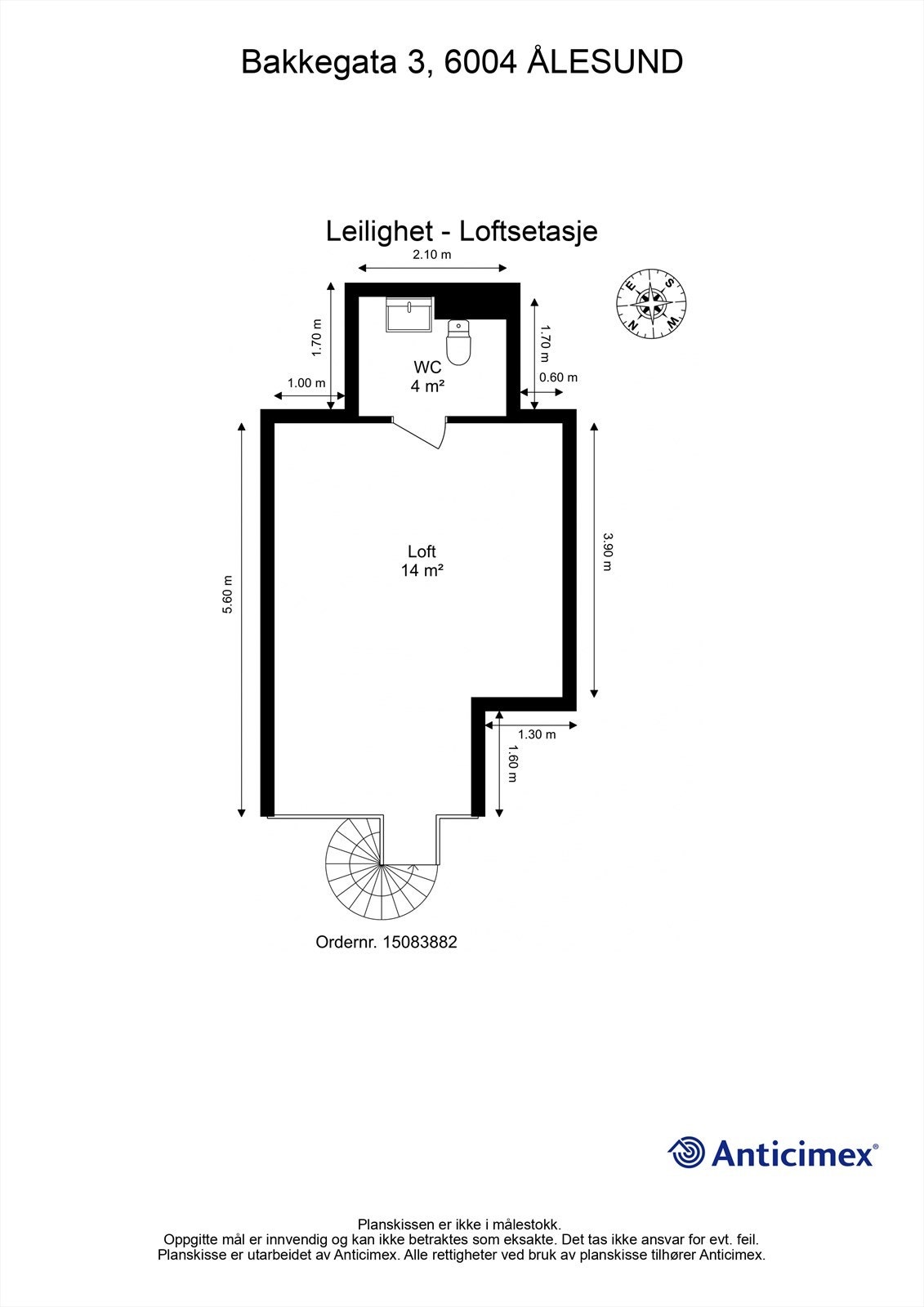 Plantegning av loftsetasjen med hems og WC. Galleribilde