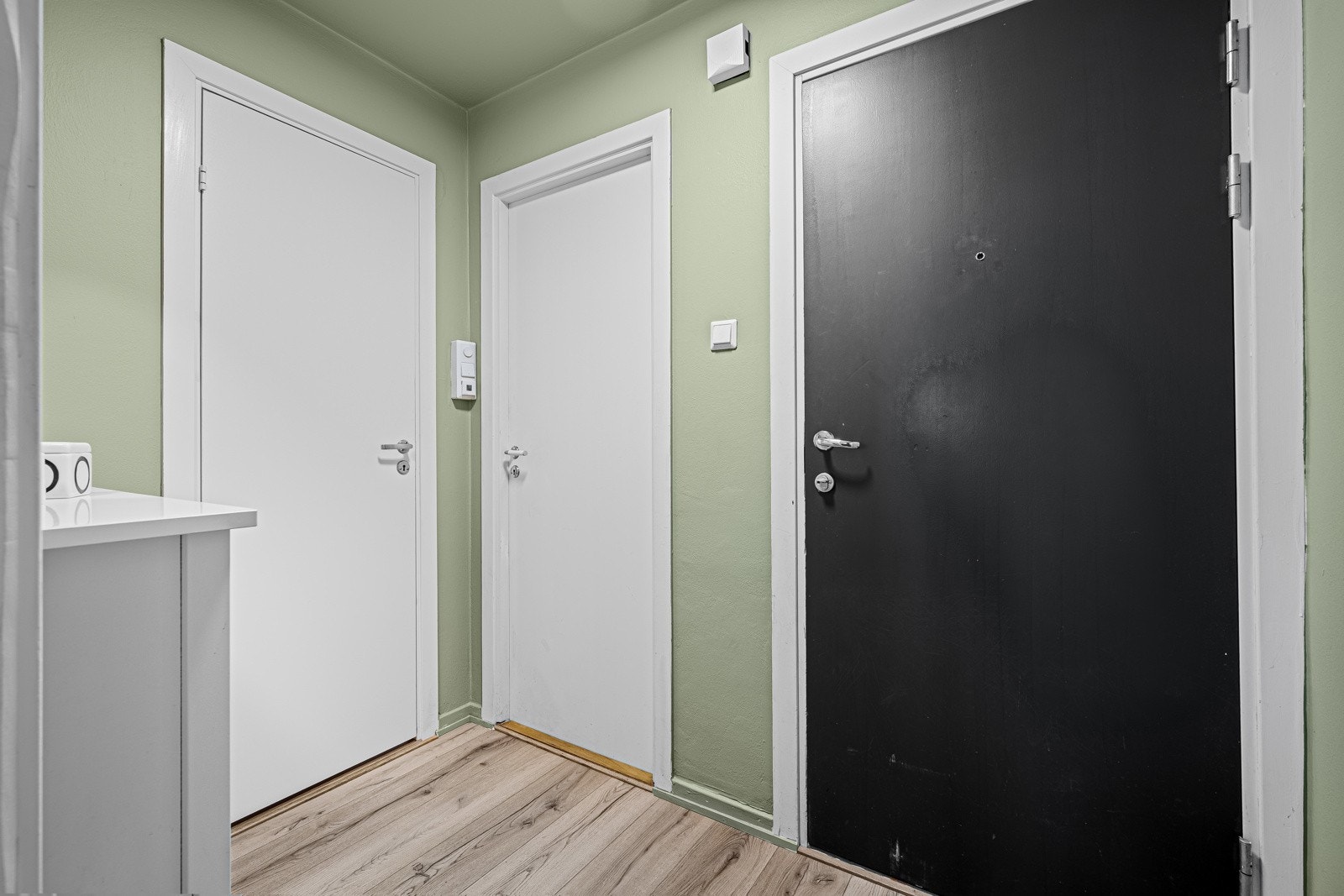 Entré med plass til oppbevaring av sko og jakker - den sorte døren er inngangsdøren, og de to andre dørene er til henholdsvis badet og soverommet Galleribilde