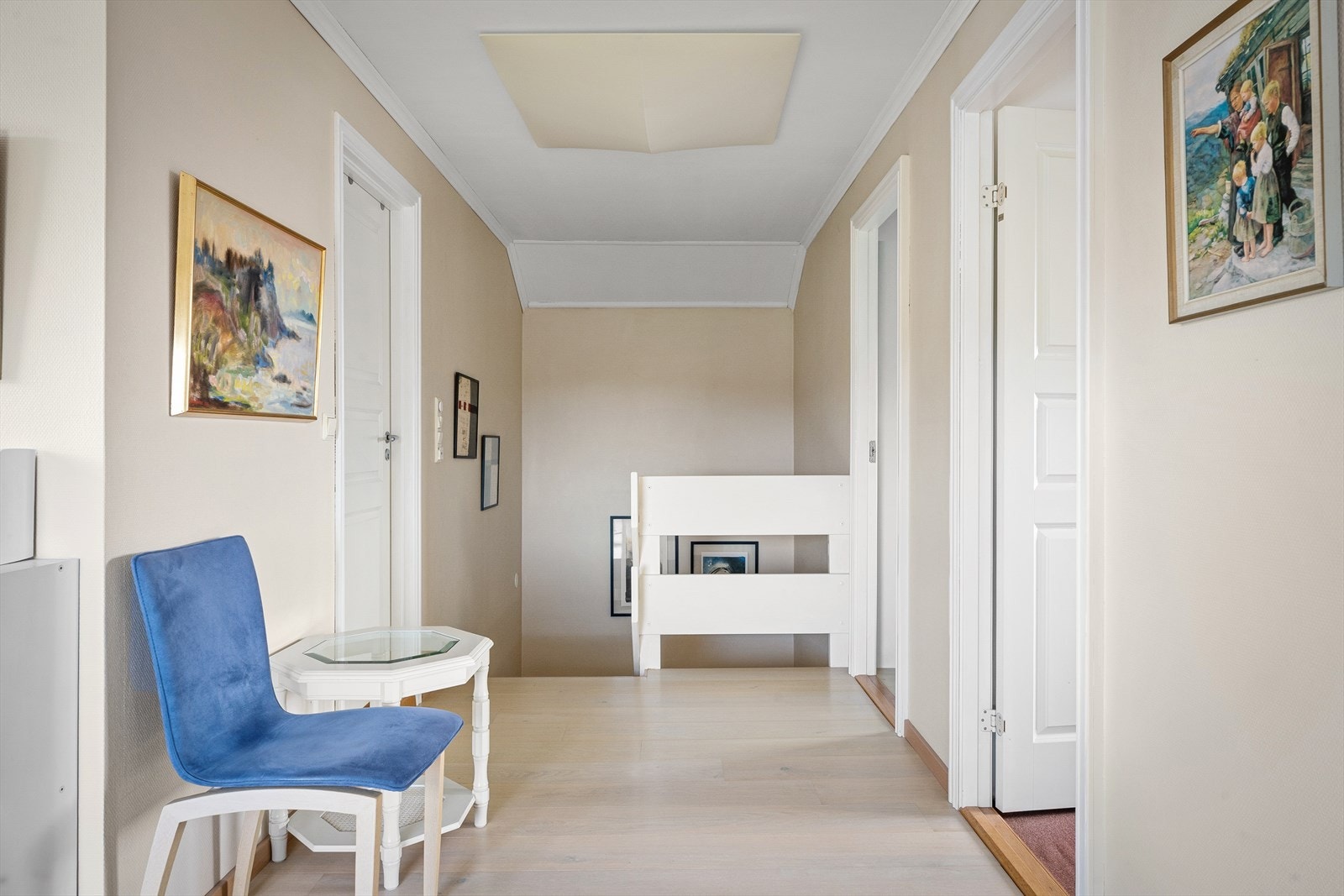 Loftstuen fungerer som et bindeledd mellom soverommene og badet. Galleribilde
