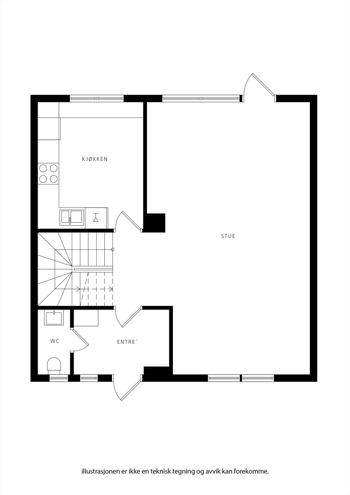 Hovedetasjen har en sosial planløsning med stue og kjøkken, entré og toalettrom. Galleribilde