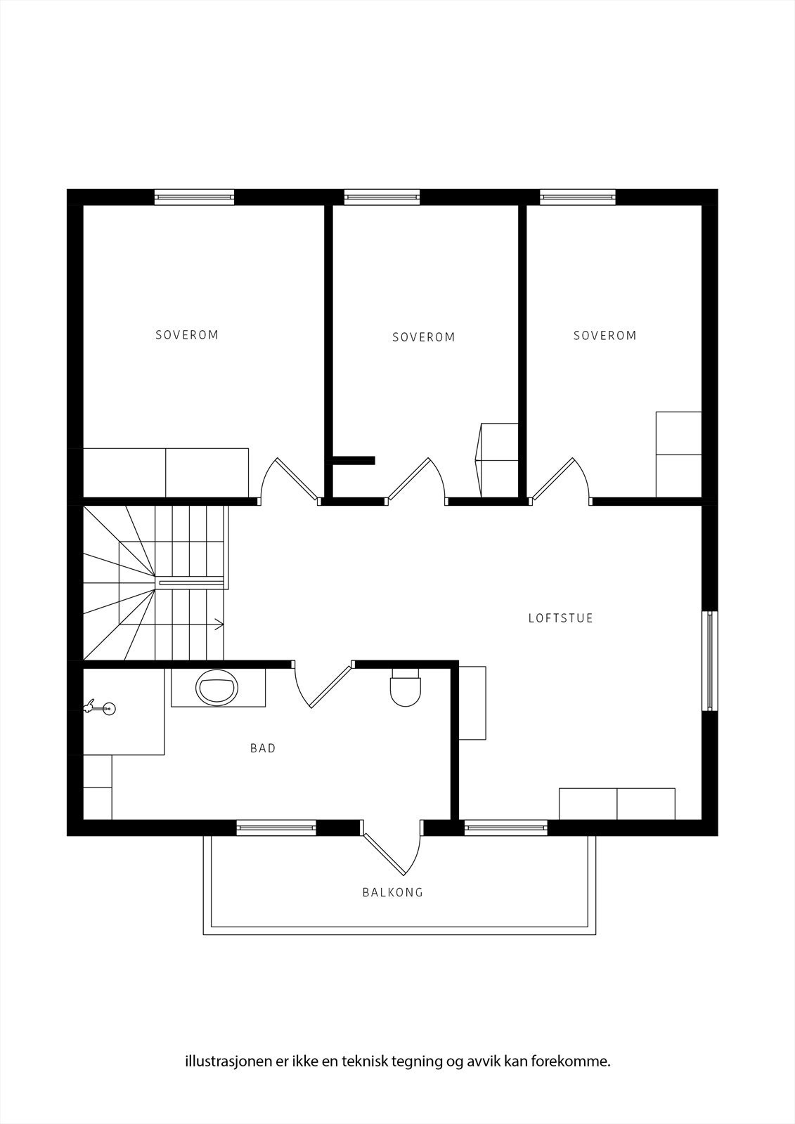 Loftsetasjen inneholder tre soverom, bad og en lys loftstue med utgang til balkong. Galleribilde
