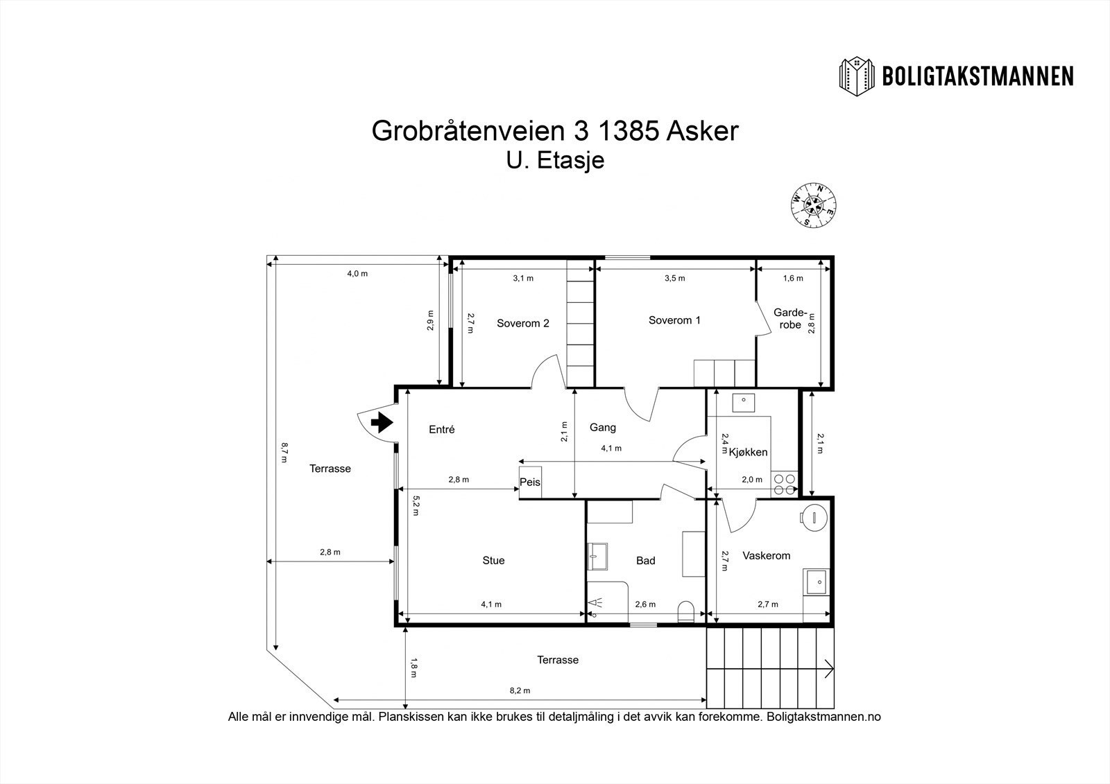 Plantegning underetasje. Underetasjen er innredet med en selvstendig utleiedel, men denne er ikke godkjent hos kommunen, se salgsoppgaven. Galleribilde
