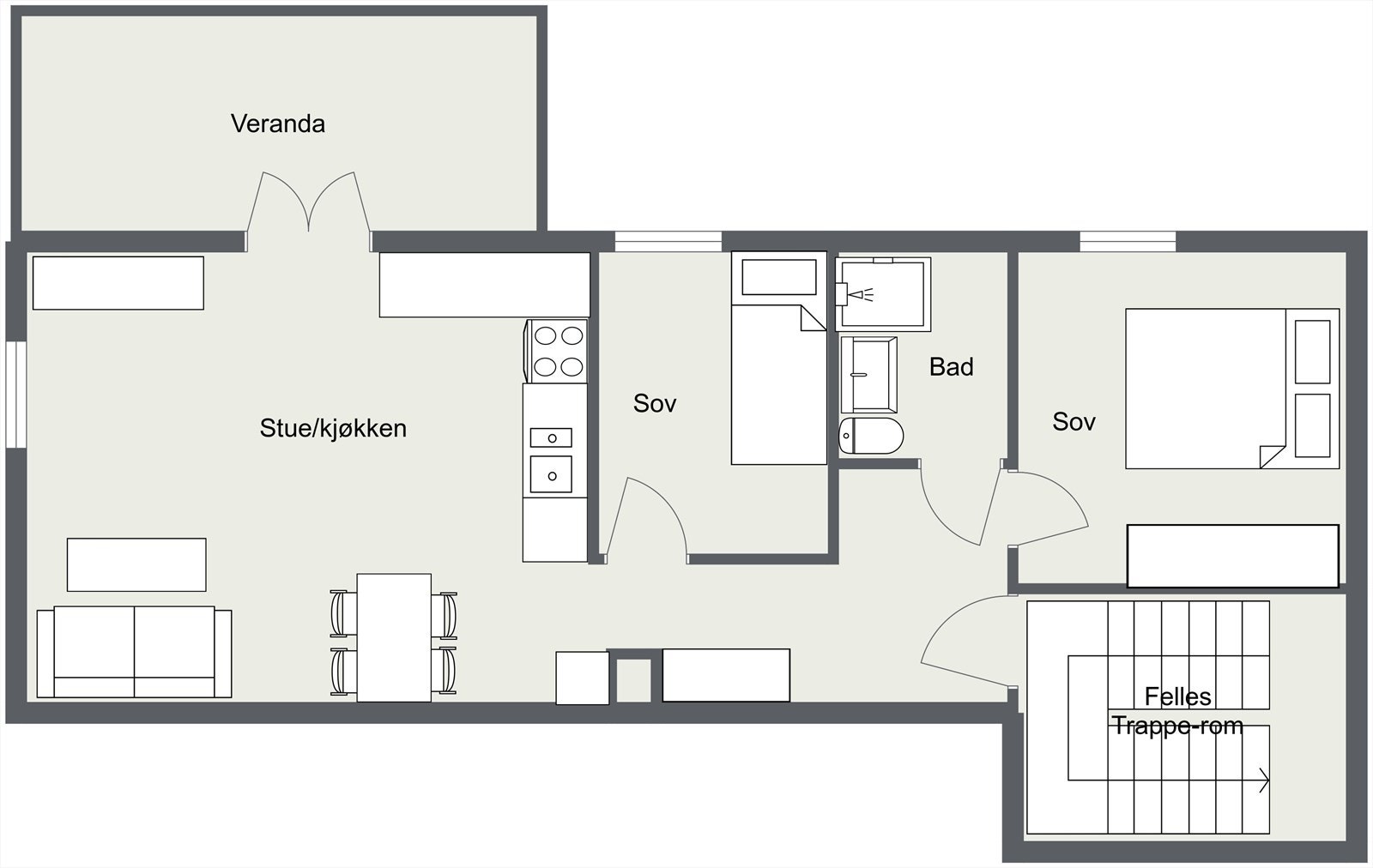 Illustrasjons planskisse for 2 soverom. Galleribilde