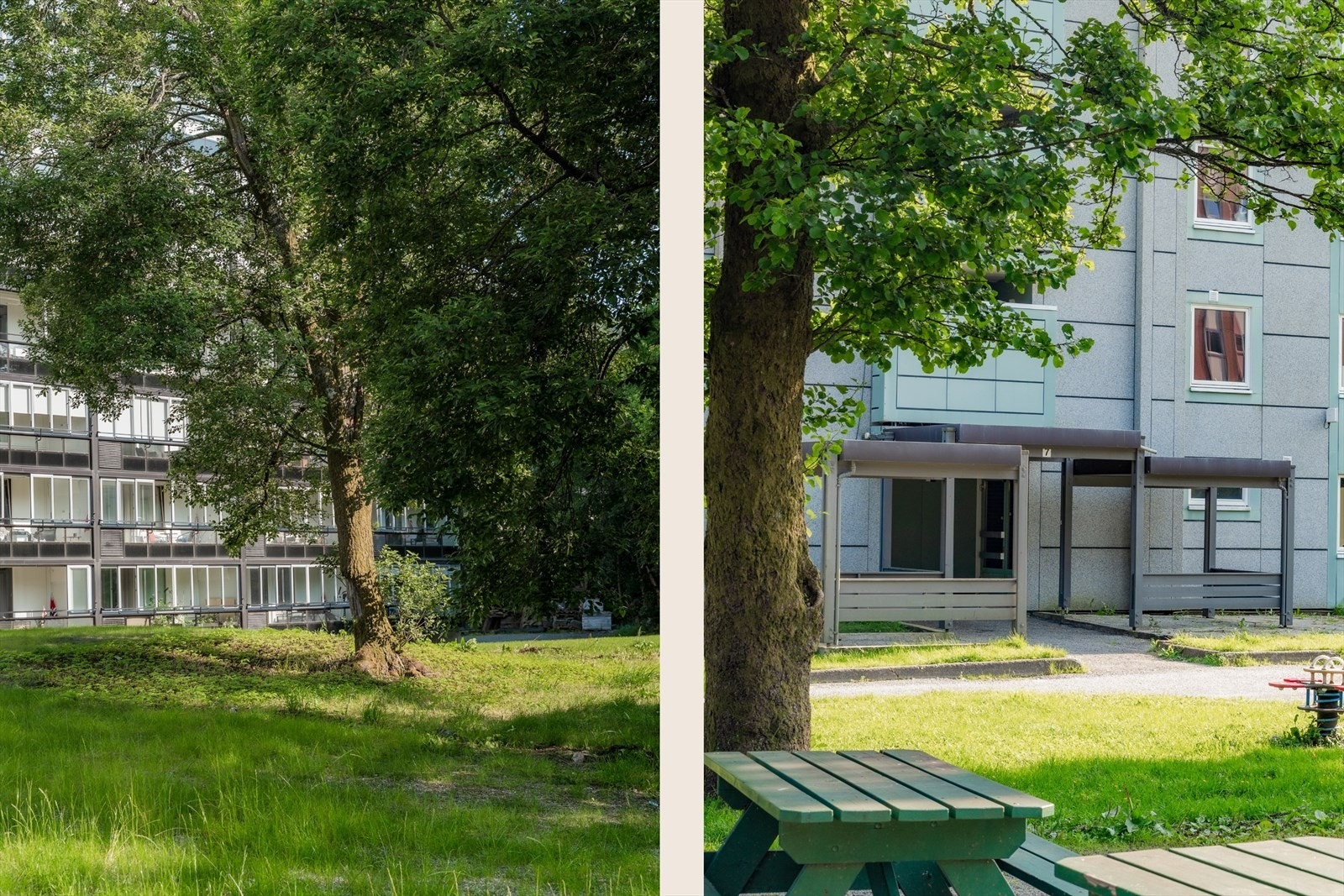 Laget har store og flotte fellesområder med grøntområder, lekeplasser, sitteplasser og ballbinge Galleribilde