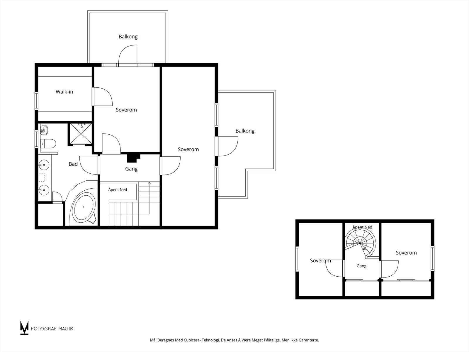 Plantegning for andre etasje i hovedhuset og loftsetasjen i sidebygningen. Galleribilde
