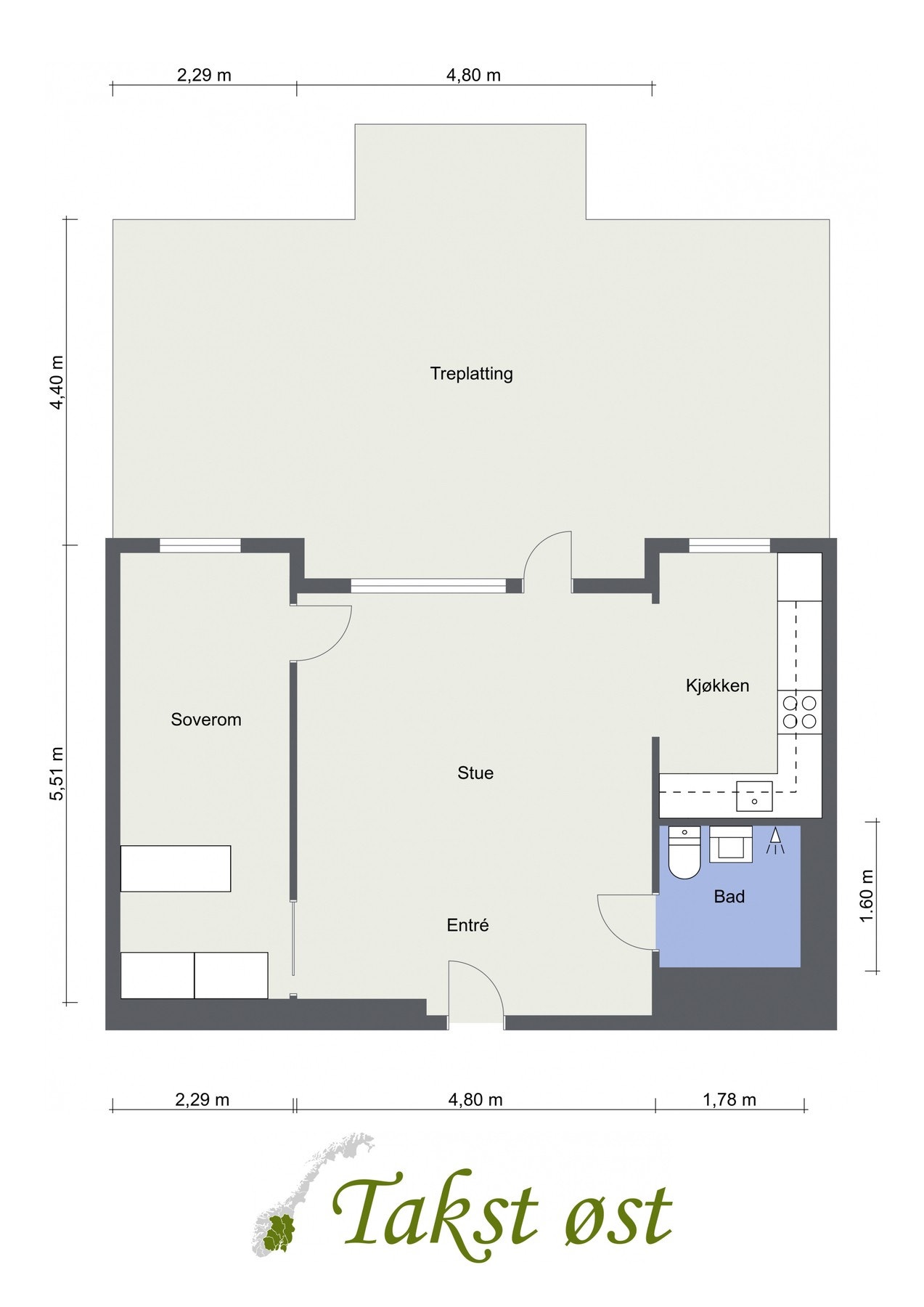 Plantegning. I tillegg disponerer leiligheten to kjellerboder på 3 og 4 kvm. Galleribilde
