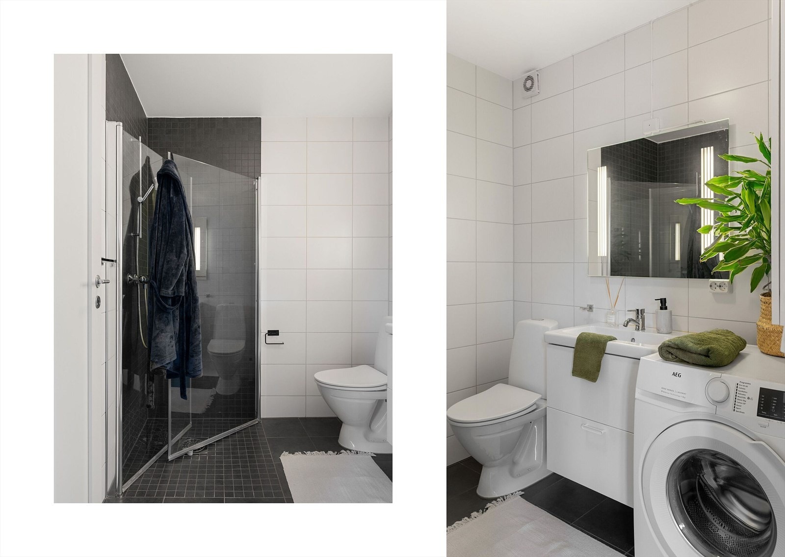 Badet er videre innredet med toalett, dusjhjørne med innfellbare dører og opplegg for vaskemaskin. Mekanisk avtrekk installert. Galleribilde