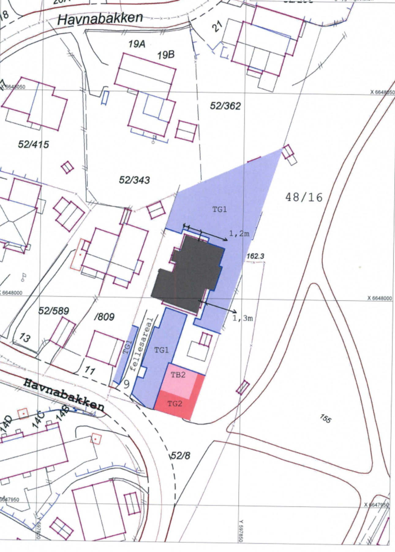 Inndeling av uteområder mellom seksjonene.
TG1 tilhører 9A
TG2/TB2 tilhører 9B. Galleribilde