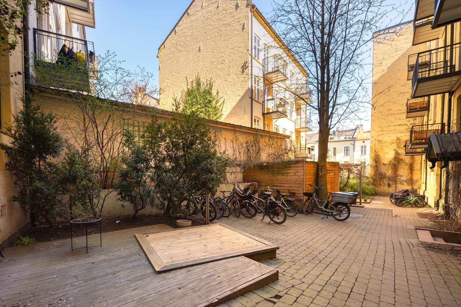 Tilknyttet borettslaget er en pent vedlikeholdt bakgård med frodig vekst til glede for beboerne Galleribilde