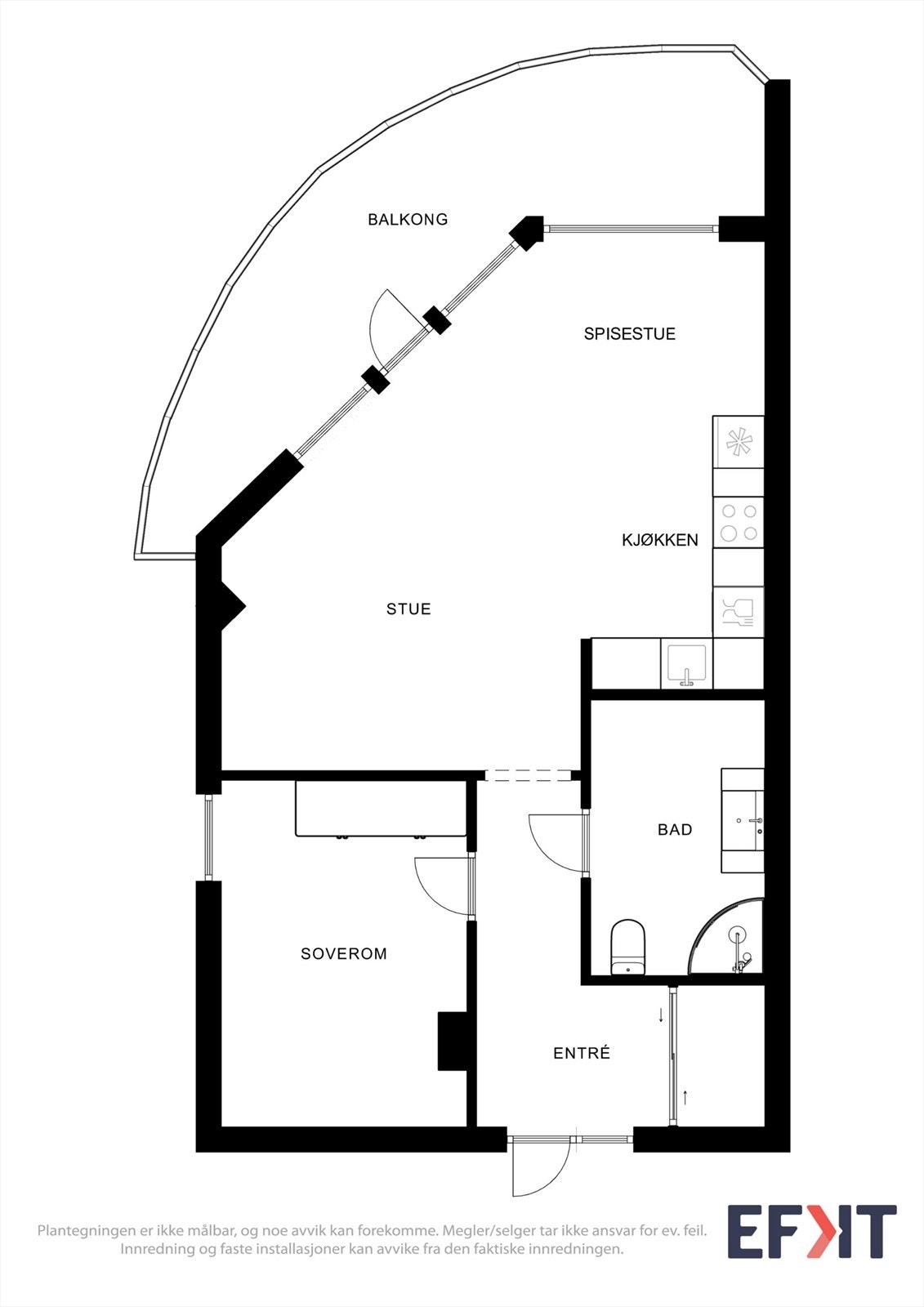 Leiligheten har en arealeffektiv planløsning med ett soverom og adkomst til stor balkong fra stuen. Galleribilde