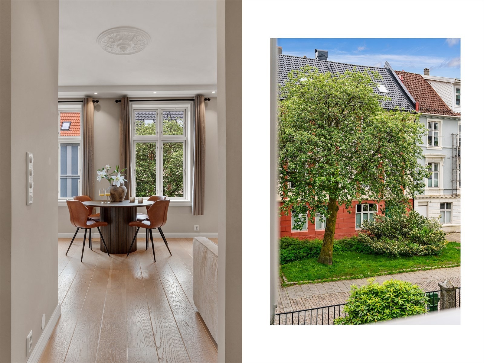 - Leiligheten har en kombinasjon av klassiske detaljer som takrosett og krysspostvinduer, og moderne uttrykk som downlights og slette vegger - Galleribilde