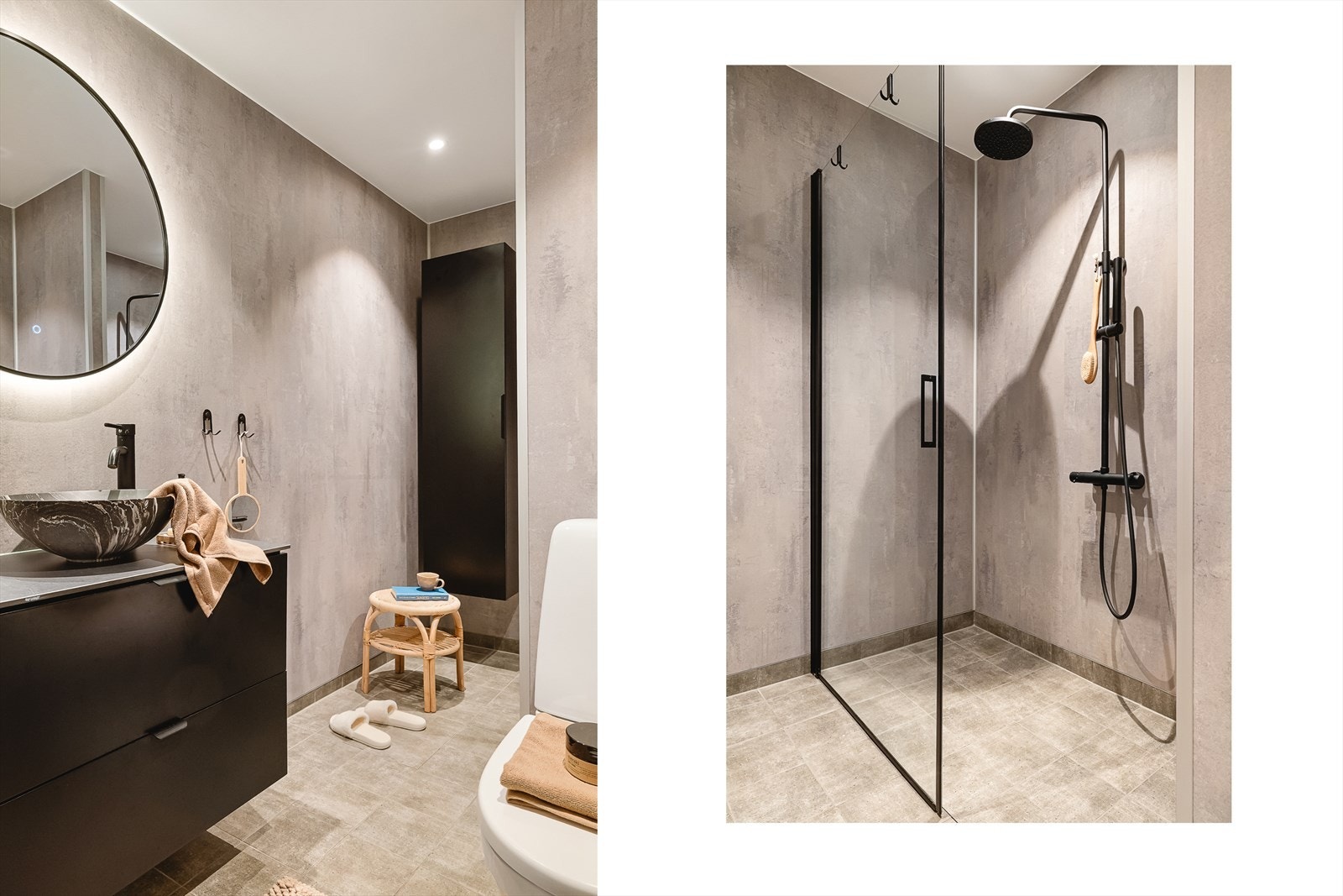 Badet ble oppgradert i 2022 med gulvvarme, flislagt gulv, baderomsplater og innredning. Slett himling med downlights. Galleribilde