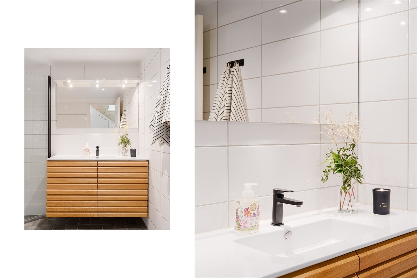 Badet består av lekkert eikestav servantskap med skuffer og heldekkende porselen servant med ett greps blandebatteri, speil, veggmontert klosett, samt dusjhjørne med glassdører og termostatstyrt regnfallsdusj. Galleribilde