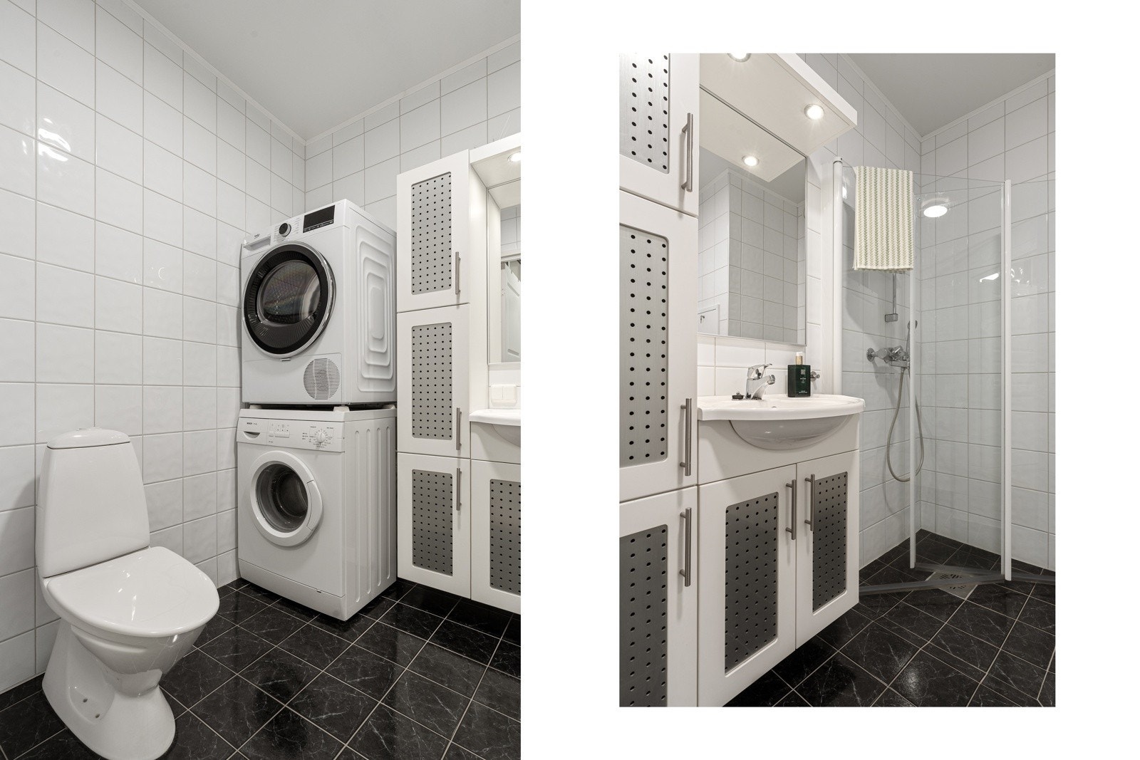 Badet er romslig med god plass til vaskemaskin og tørketrommel.