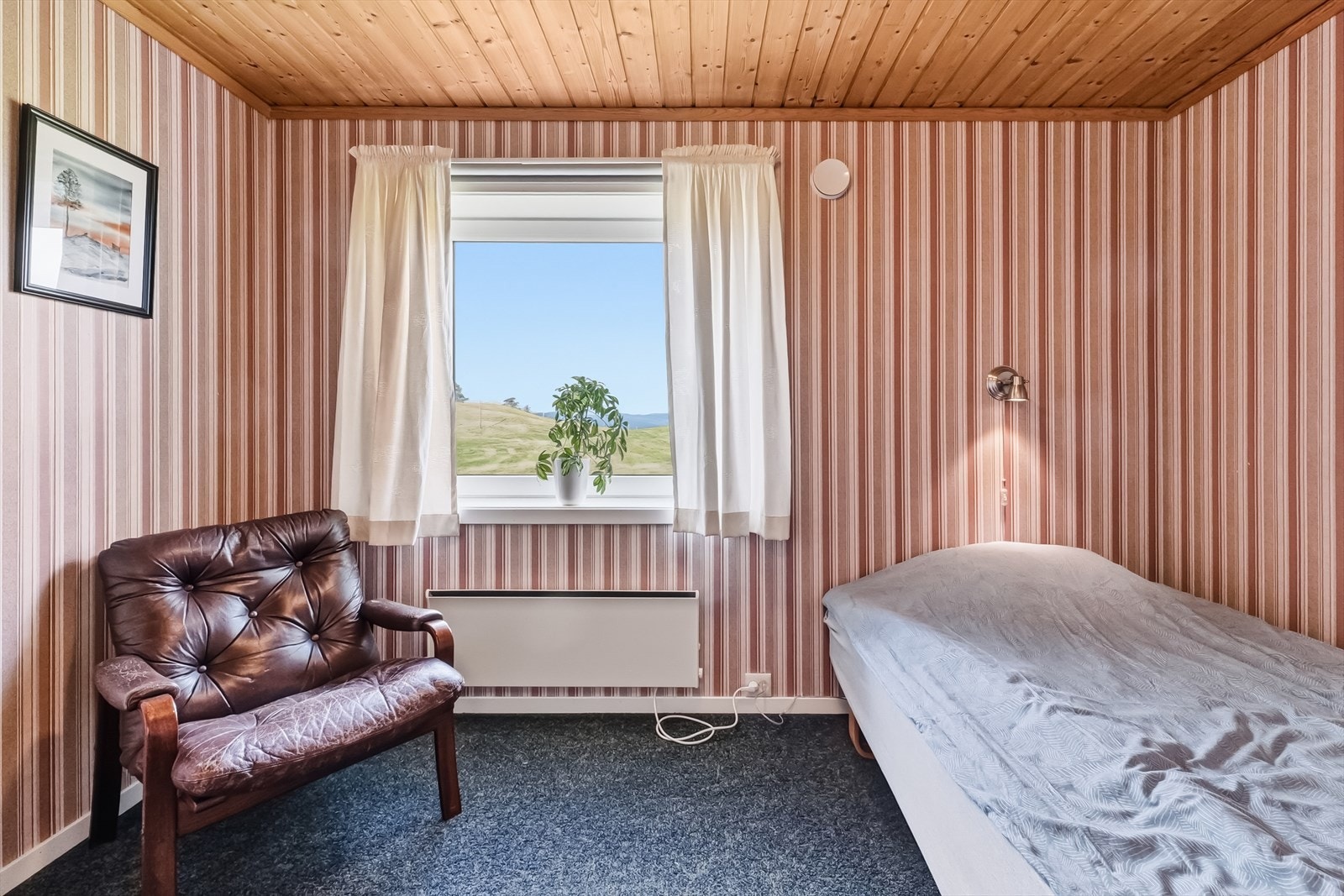 Soverom i kjeller byr på utsikt, vegghengt panelovn, teppegulv og tapeteserte vegger. Galleribilde