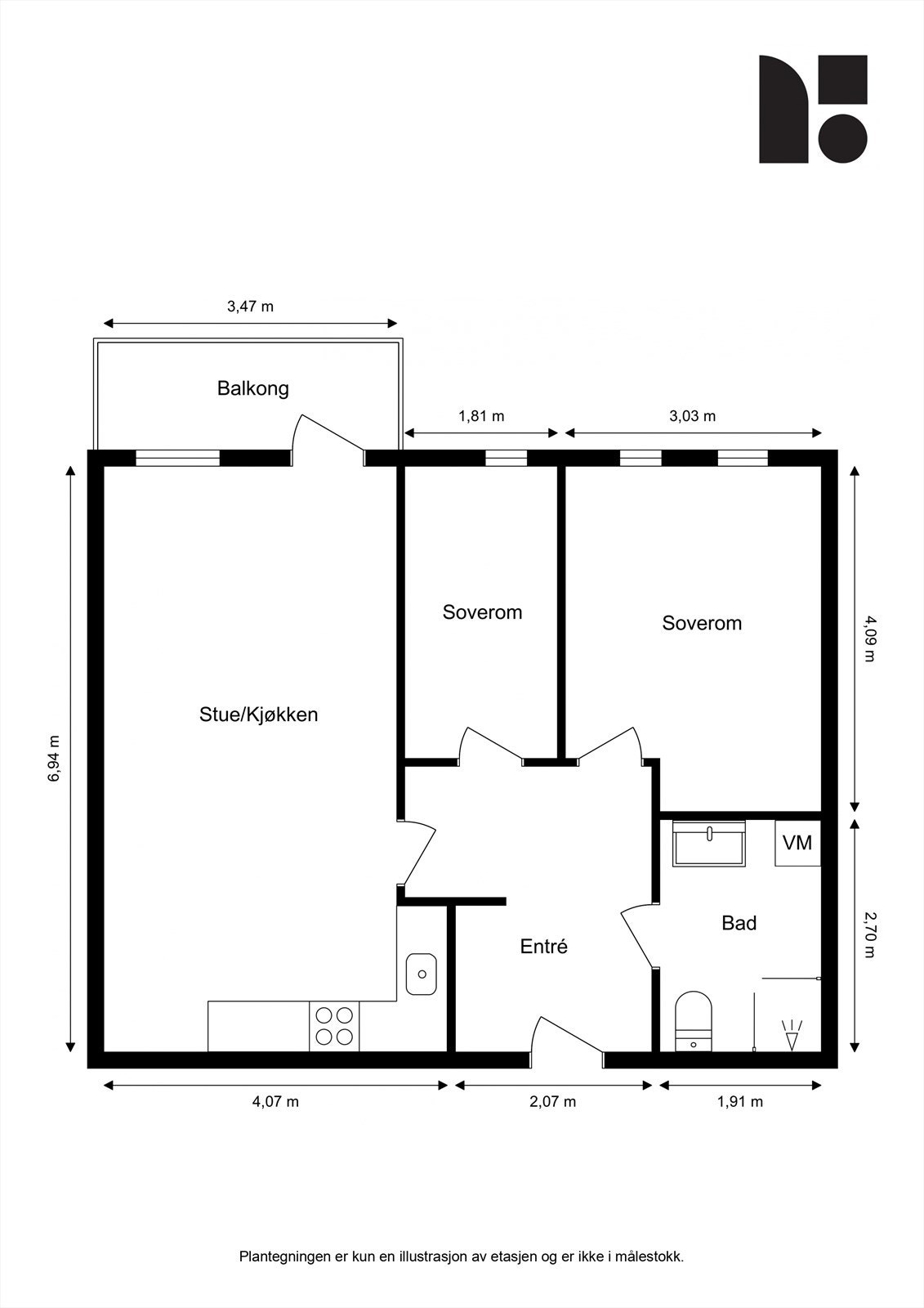 Plantegning. I tilegg disponerer leiligheten en kjellerbod på ca. 6 kvm. Galleribilde
