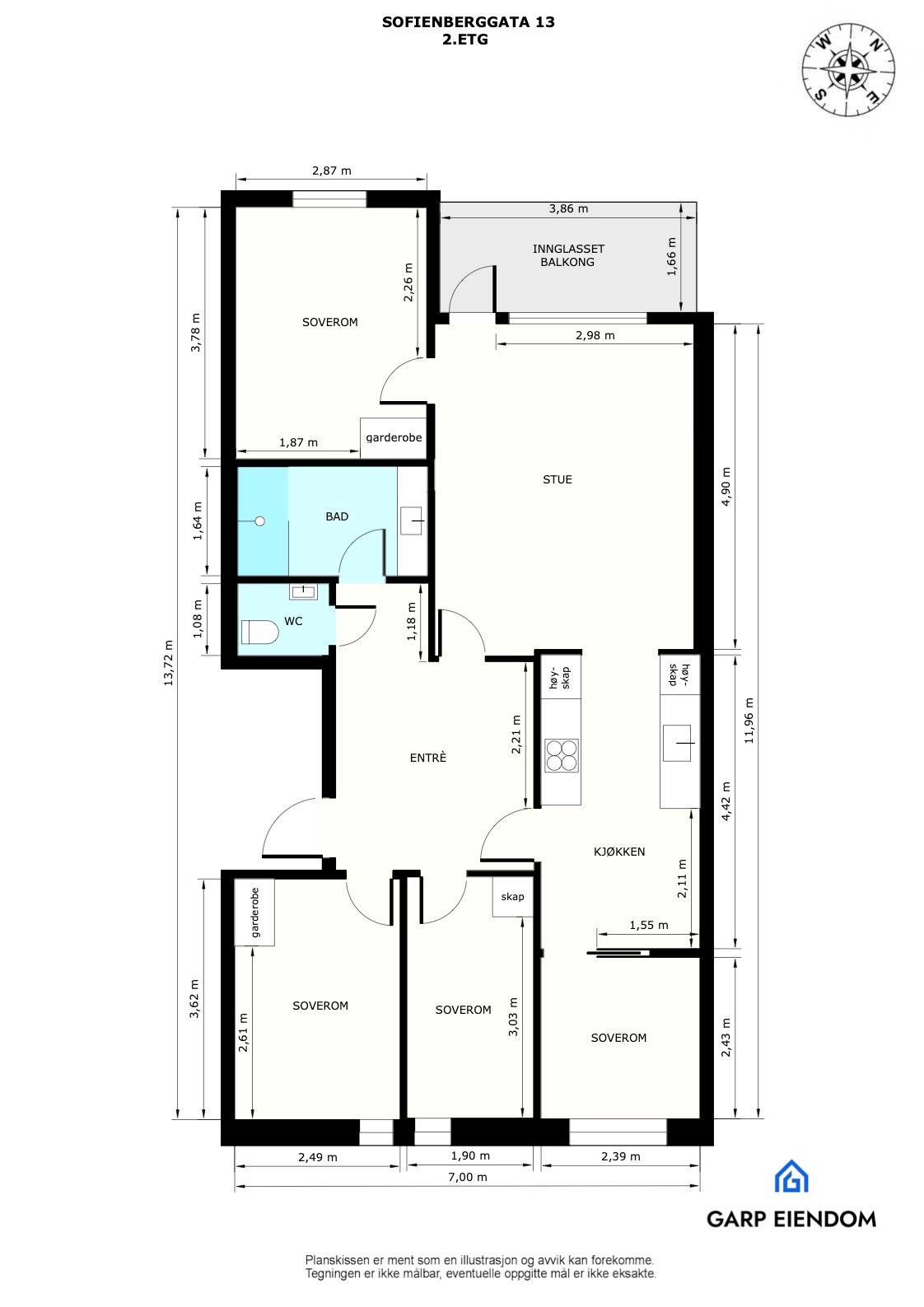 Leiligheten har en praktisk planløsning med fire soverom og adskilt bad og toalettrom. Galleribilde
