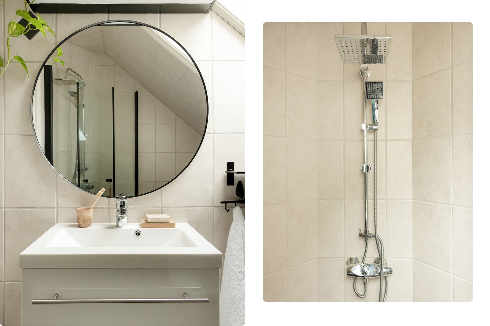Badet er innredet med dusjhjørne med glassvegger, toalett, servantinnredning og opplegg for vaskemaskin. Galleribilde