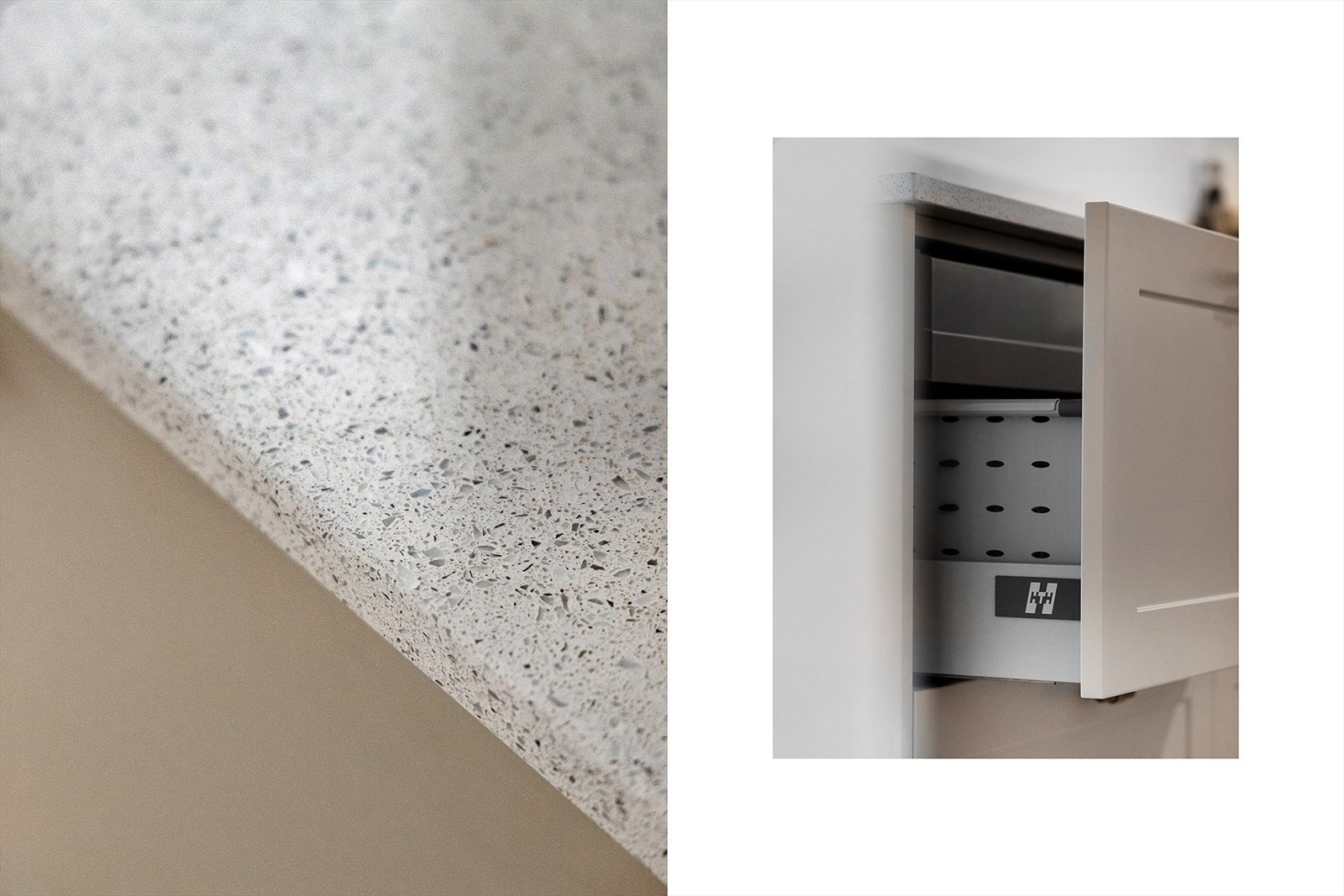 Kjøkkeninnredningen fra HTH har profilerte, malte fronter i en tidsriktig fargetone, kombinert med en eksklusiv Silestone-benkeplate. Galleribilde