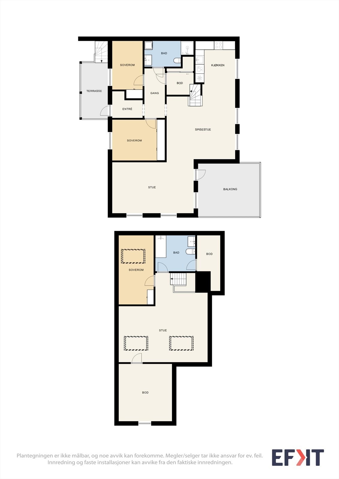 Leiligheten har en arealeffektiv planløsning over to plan, med stue og soverom på begge nivåer. Galleribilde