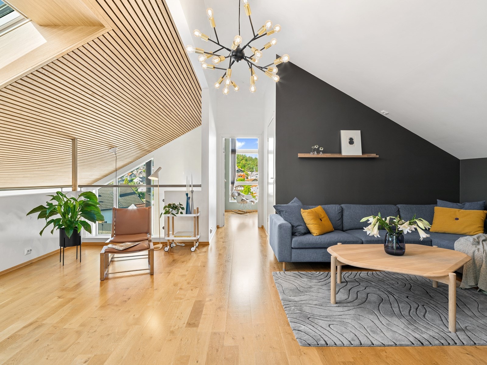 Loftstue i andre etasje med parkettgulv og utgang til soverommene. Galleribilde