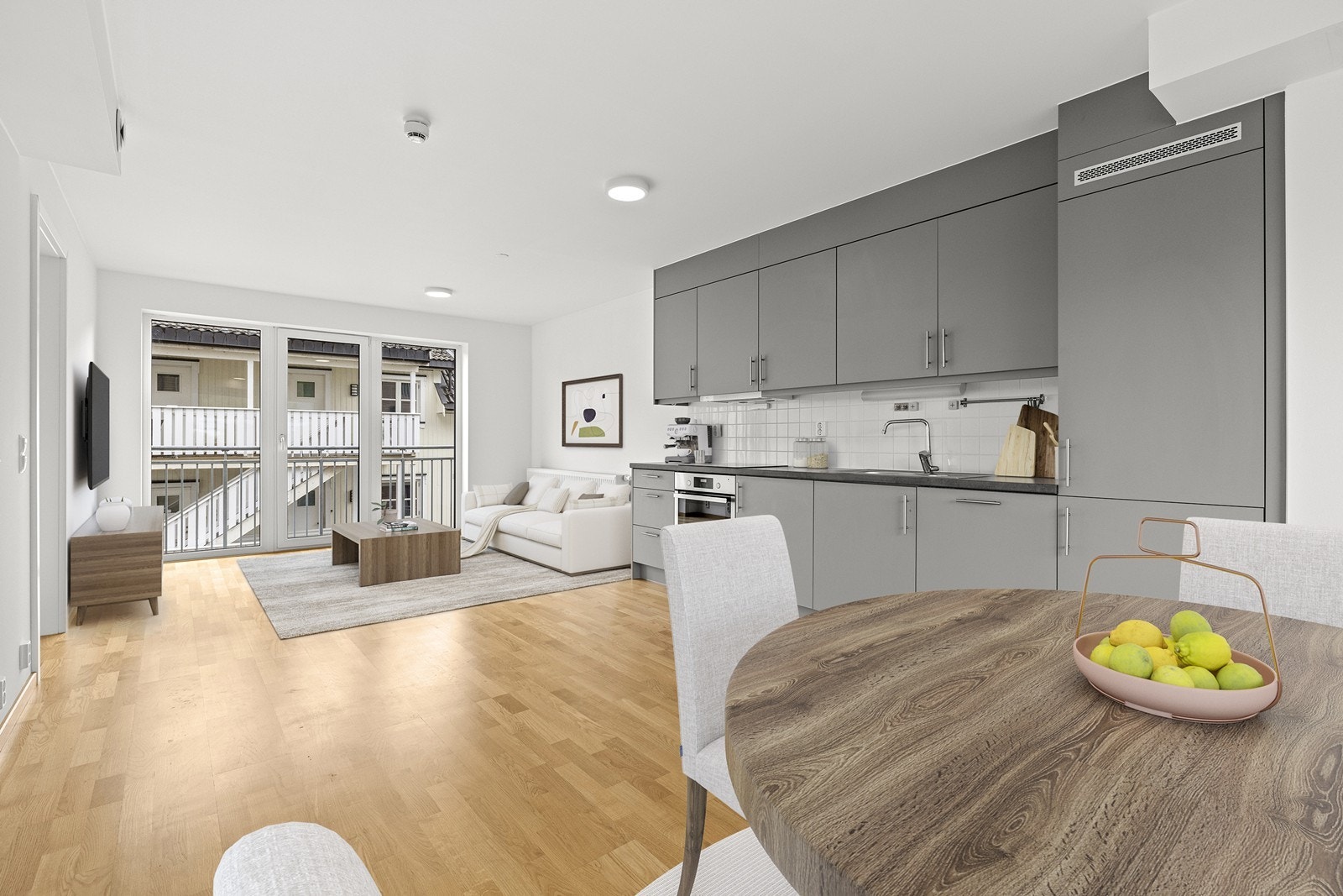 Moderne 3-roms fra 2021 med vannbåren varme og balansert ventilasjon. (Bildet er digitalt stylet) Galleribilde