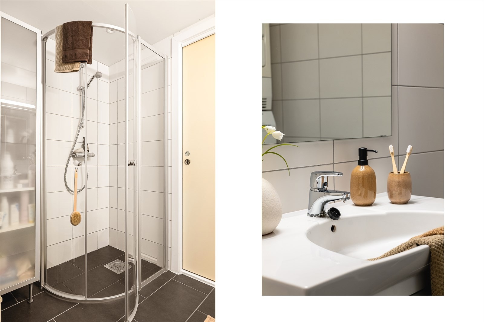 Badet er utstyrt med vegghengt toalett og dusjhjørne med foldedør. Galleribilde