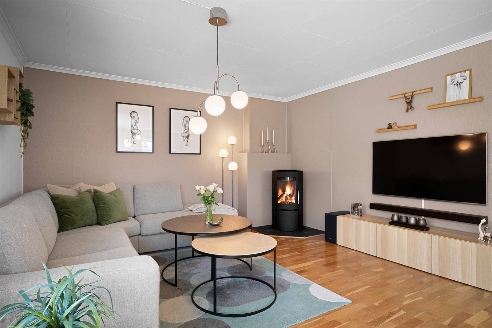 I tillegg til varmepumpe er det vedovn i stuen Galleribilde